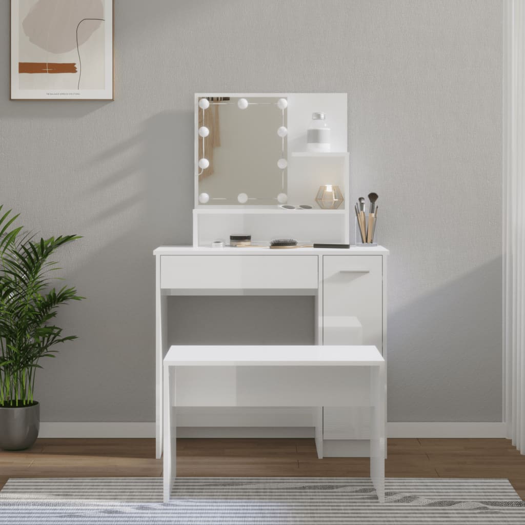 Dressing Table Set With Led Engineered Wood